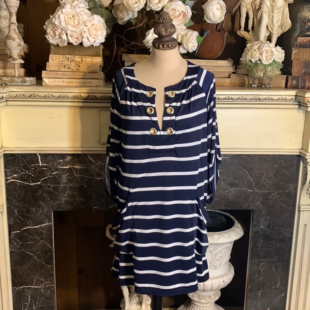 St. Tropez West navy white striped dress.